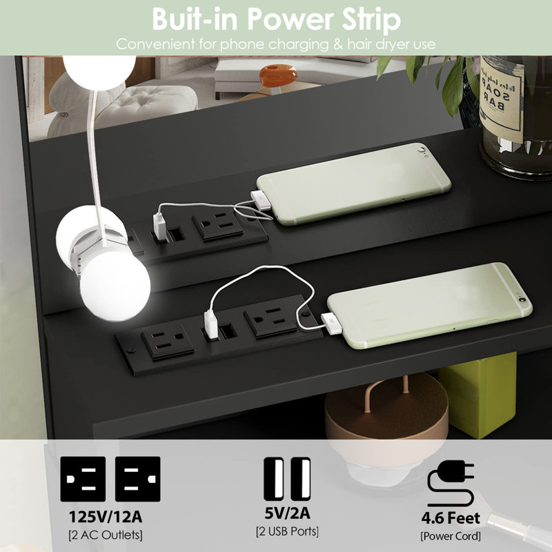 Vanity Dressing Table Set with 10 LED Bulbs Mirror And Charging Station