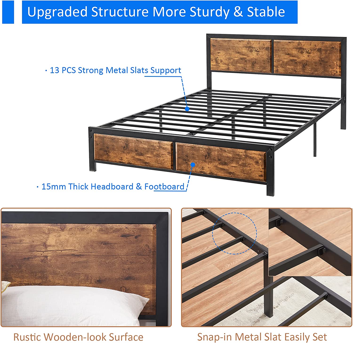 Customized Platform Queen Bed Frame Bed Frame Luxury King Size Bed Frame with Wooden Headboard