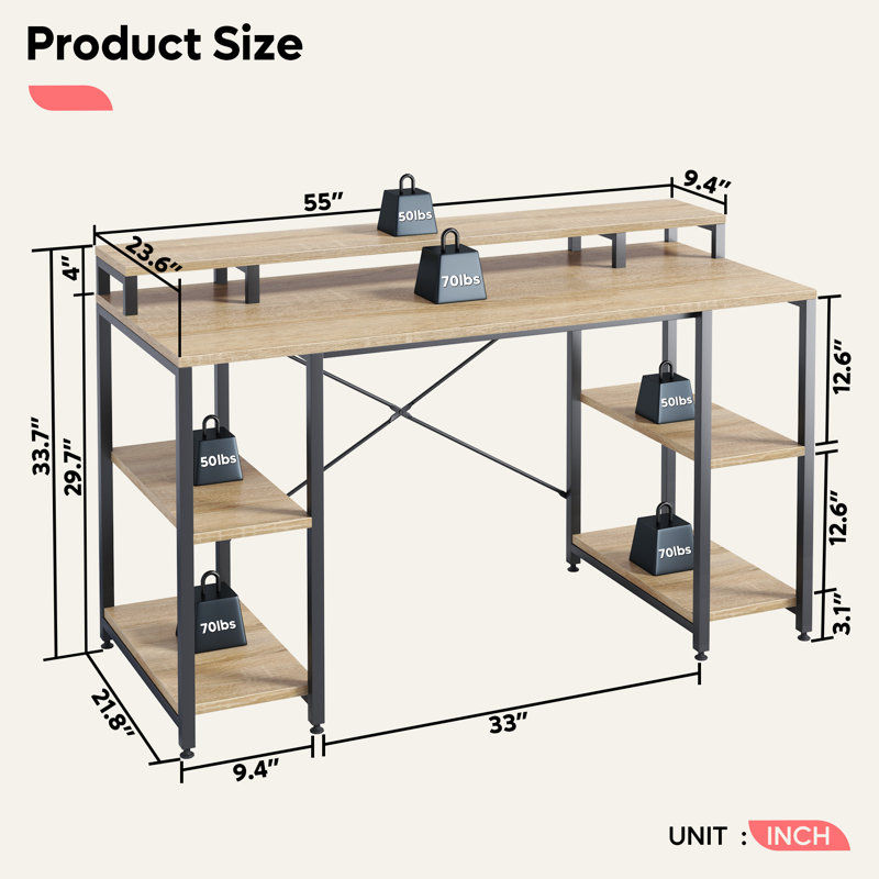 Home Office Furniture Wooden 55 Inches Computer Desk Writing Study Computer Desk with Monitor Shelf
