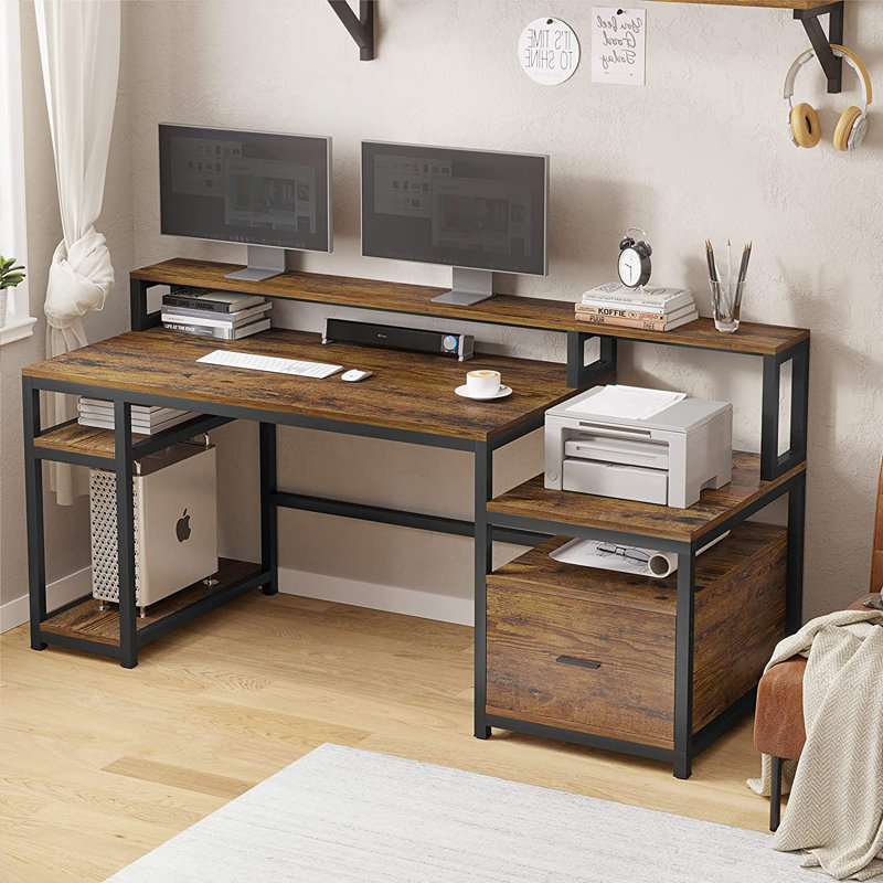 Home Office Wooden Computer Desk 66'' Large Computer Desk with Hutch, Storage Shelves