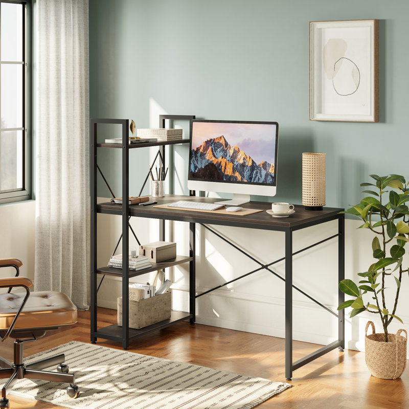 Wood Modern L-Shaped Corner Table Home Top PC Gaming Executive Office with Bookcase Standing Computer Desk