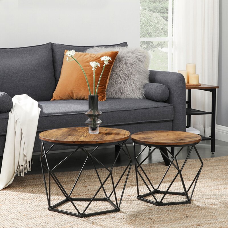 Metal Frame Nesting End/Side Table Round Top Coffee Table Set for Living Room 