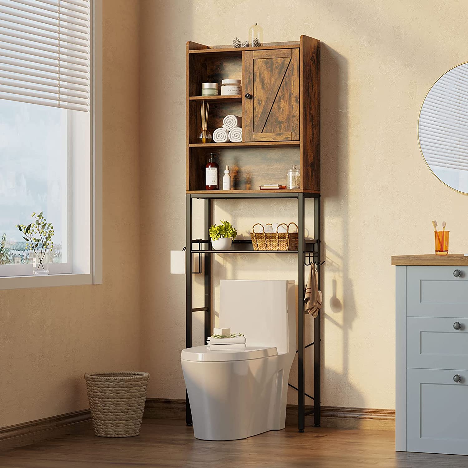 Over The Toilet Storage Rack Freestanding Bathroom Organizer Multifunctional Bathroom Toilet Cabinet with Adjustable Shelf