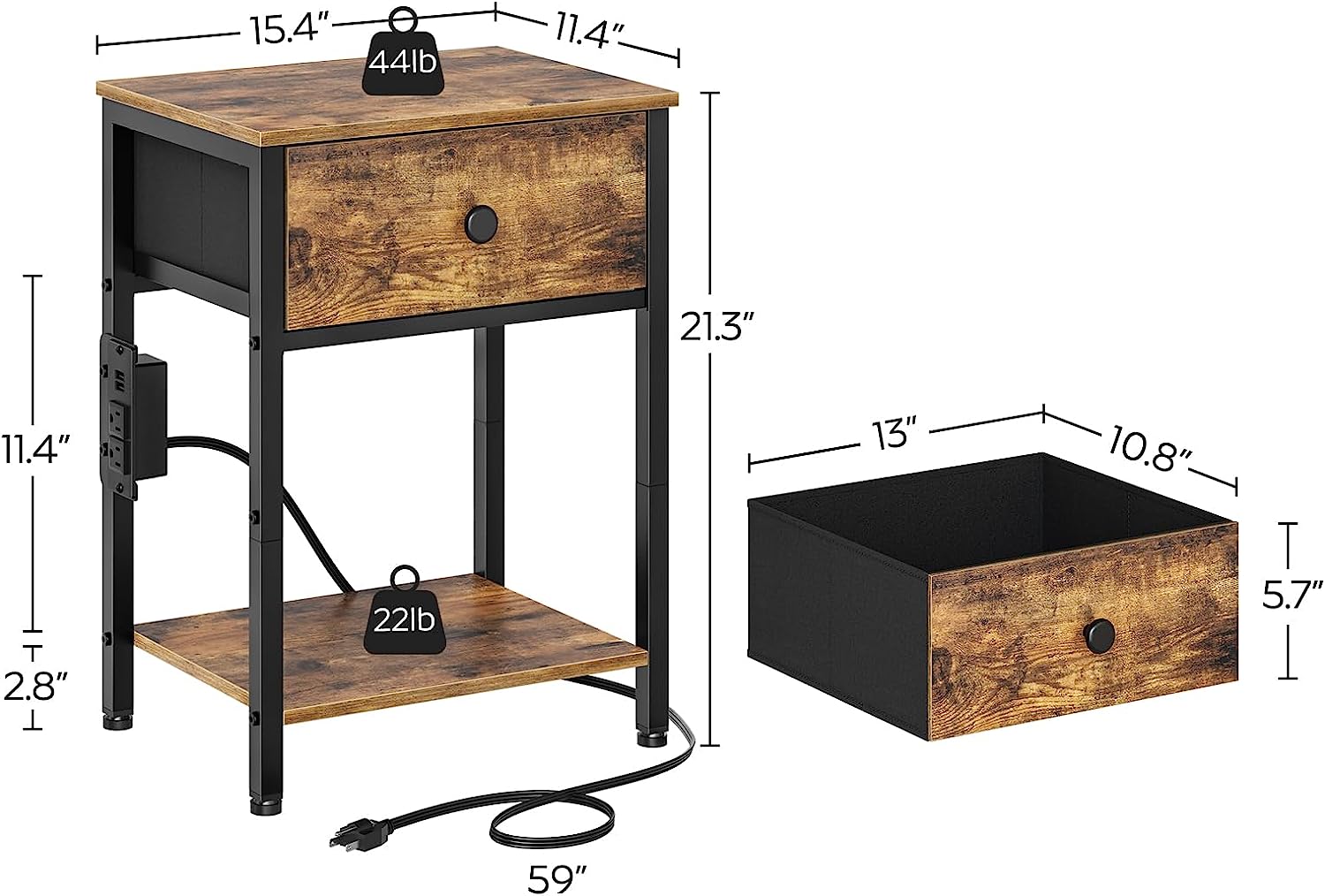 Nightstand End Table with Charging Station And USB Ports Side Table with Drawer And Storage Shelves Industrial Bedside Table for Living Room Bedroom