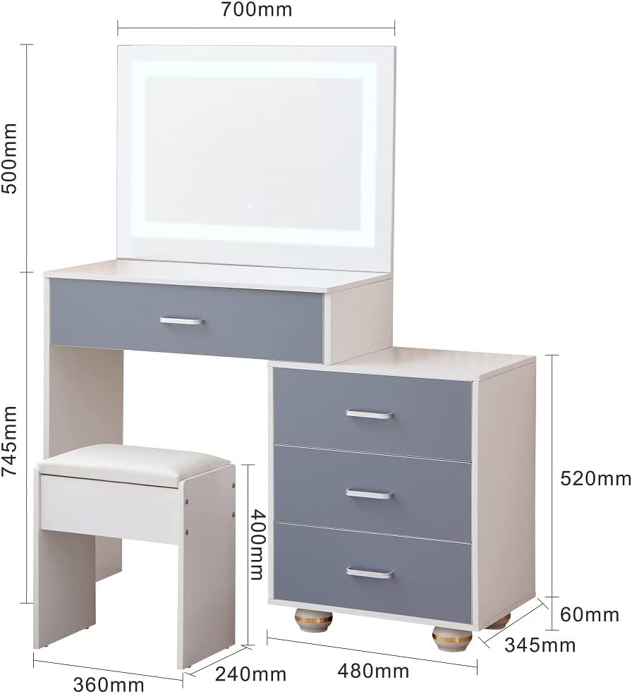 Large Vanity Makeup Dressing Table Set Modern Makeup Table with LED Touch Light Mirror
