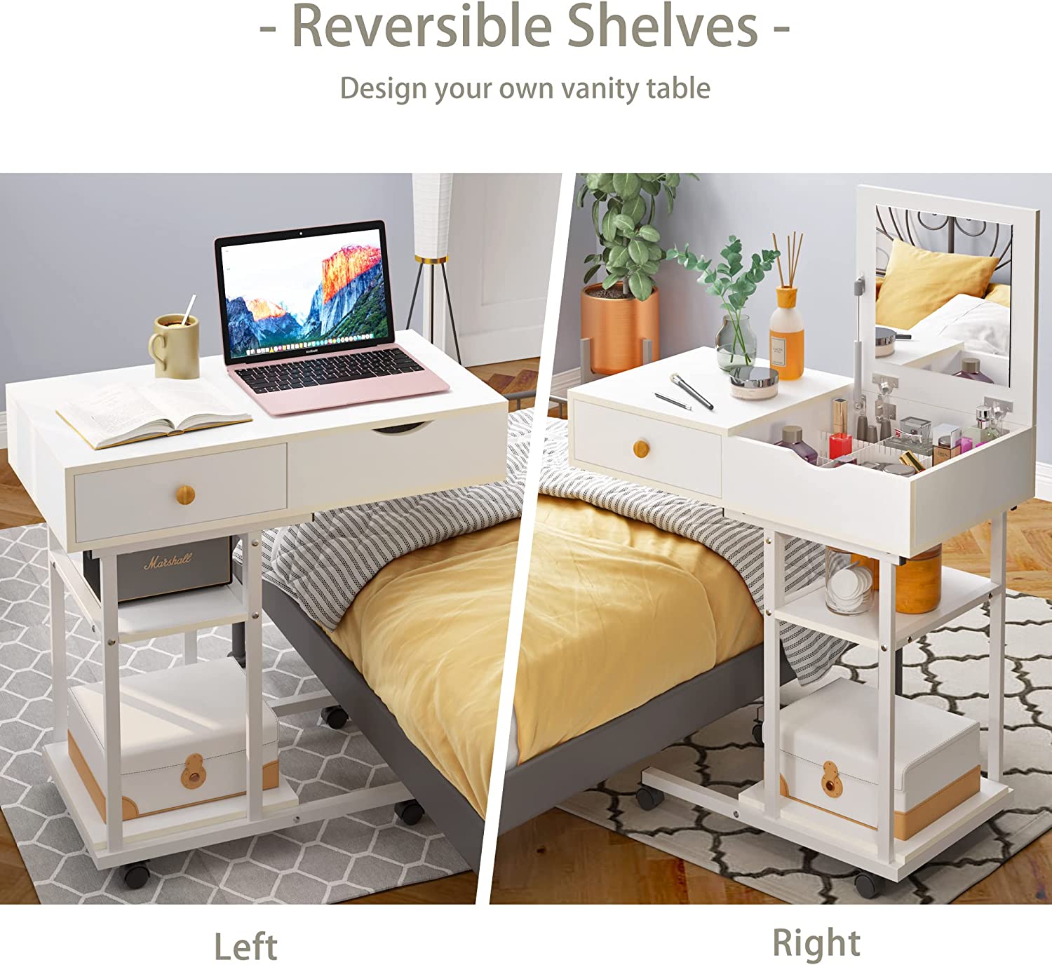 Moveable Vanity Desk Makeup Dressing Table with Drawers and Shelves for Bedroom