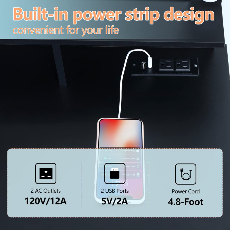 Black Dressing Table Vanity Desk with 10 LED Lighted And Charging Station for Bedroom