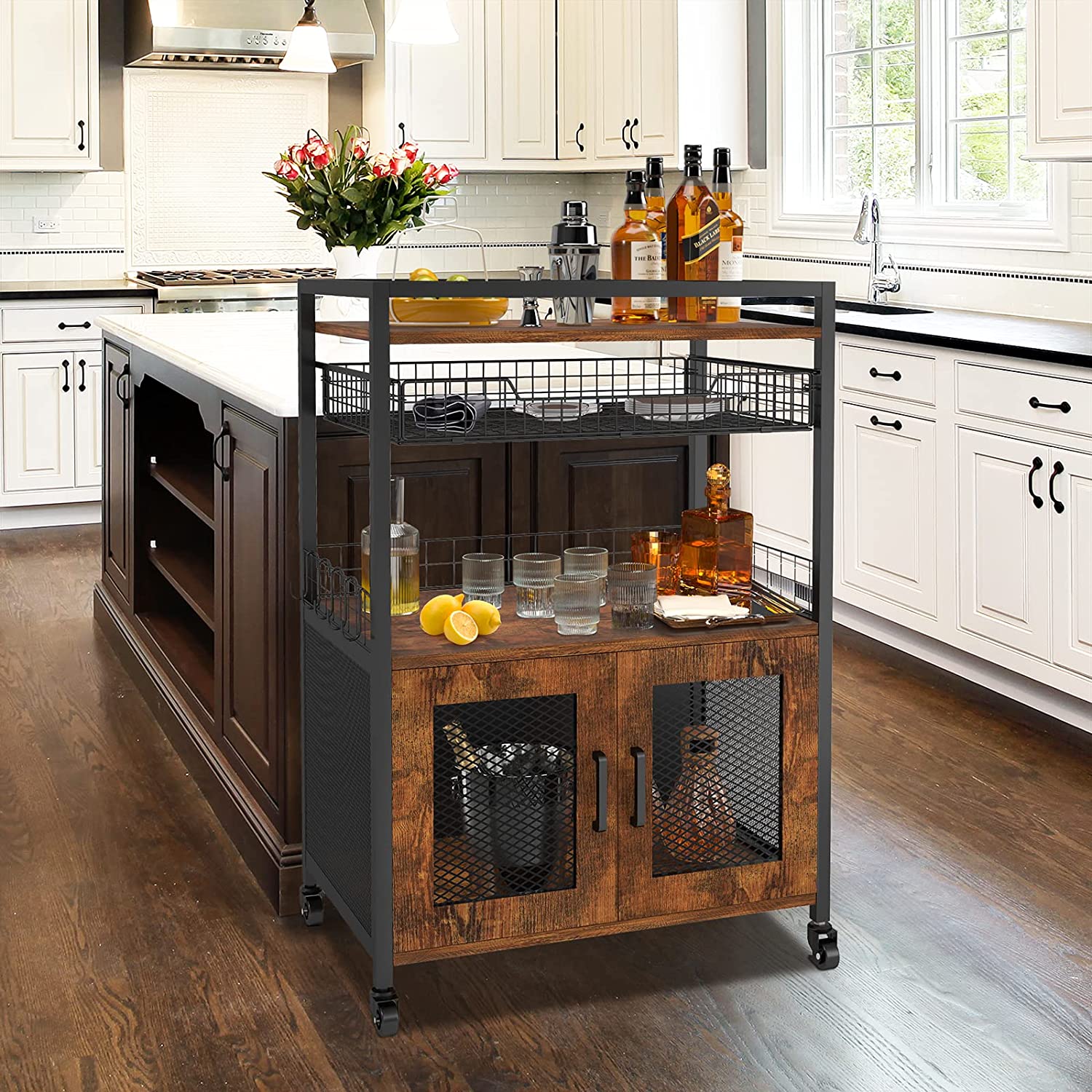 Kitchen Island Microwave Cart Stand Kitchen Trolley with Storage Cabinet Drawer Bar Cart Rolling Coffee Cart Home Bakers