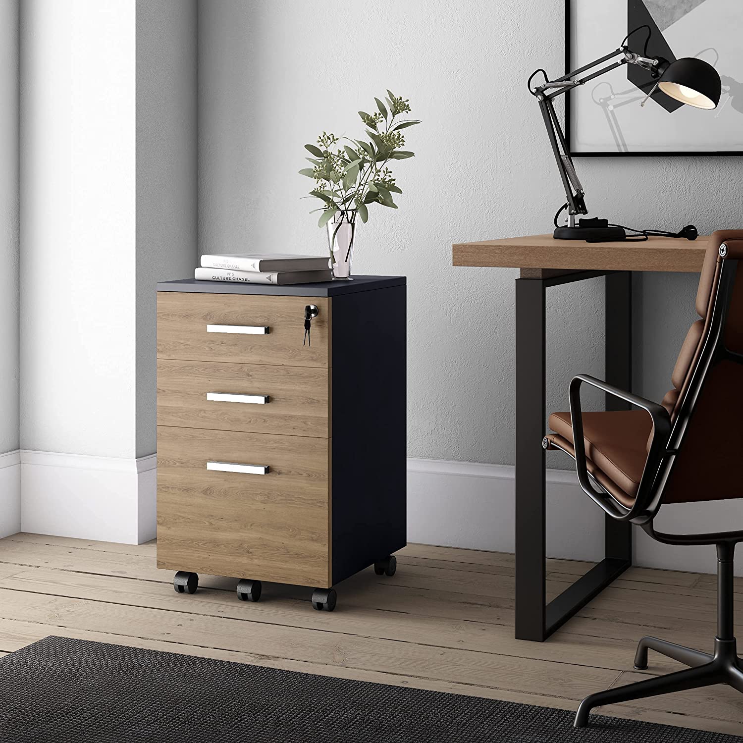 Wood Small Rolling File Cabinet with Locked for Home And Office 3 Drawer 