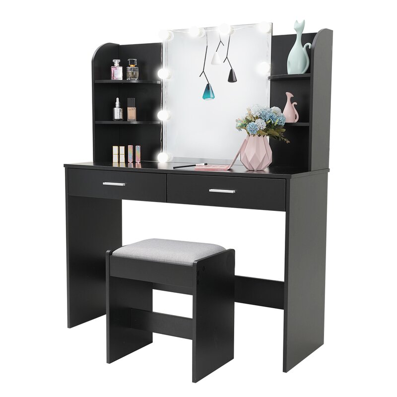 Mirrored Vanity Dresser Set with Drawers Make Up Desk Girl′s Bedroom Dressing Table