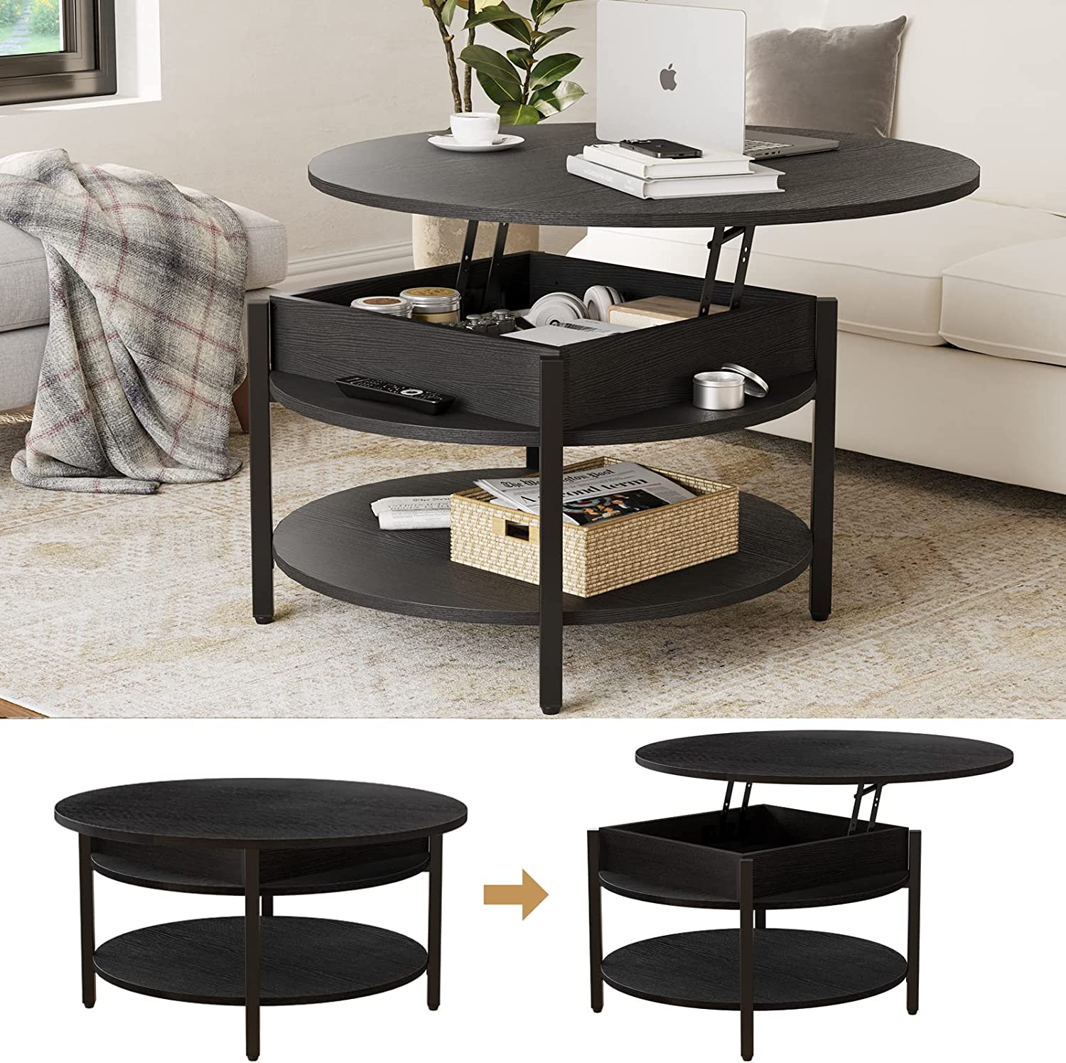 Wholesale Round Lift Top Coffee Table with Storage And Hidden Compartment for Living Room