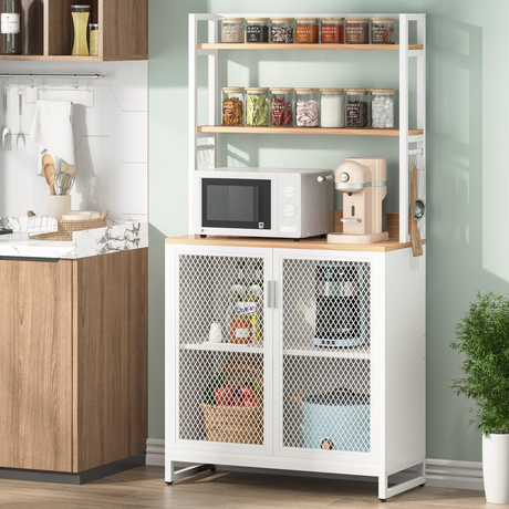 Bakers Rack with Coffee Bar with Wire Basket, Kitchen Storage Rack with 5 Tiers Microwave Stand