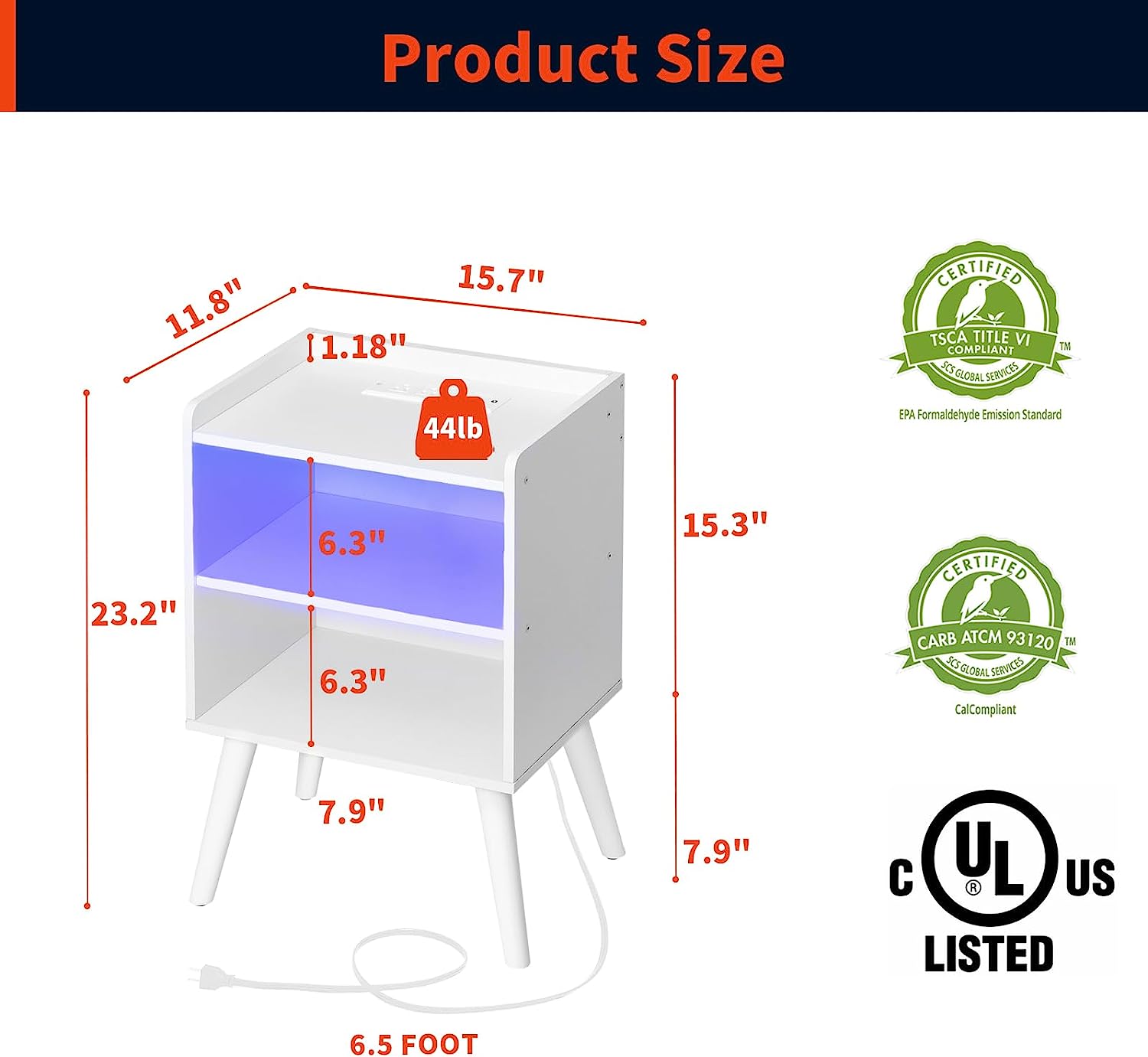 Modern Nightstand White End Table MID Century Side Table with Charging Station LED Light Strip And Shelfs for Bedroom Living Room Sofa