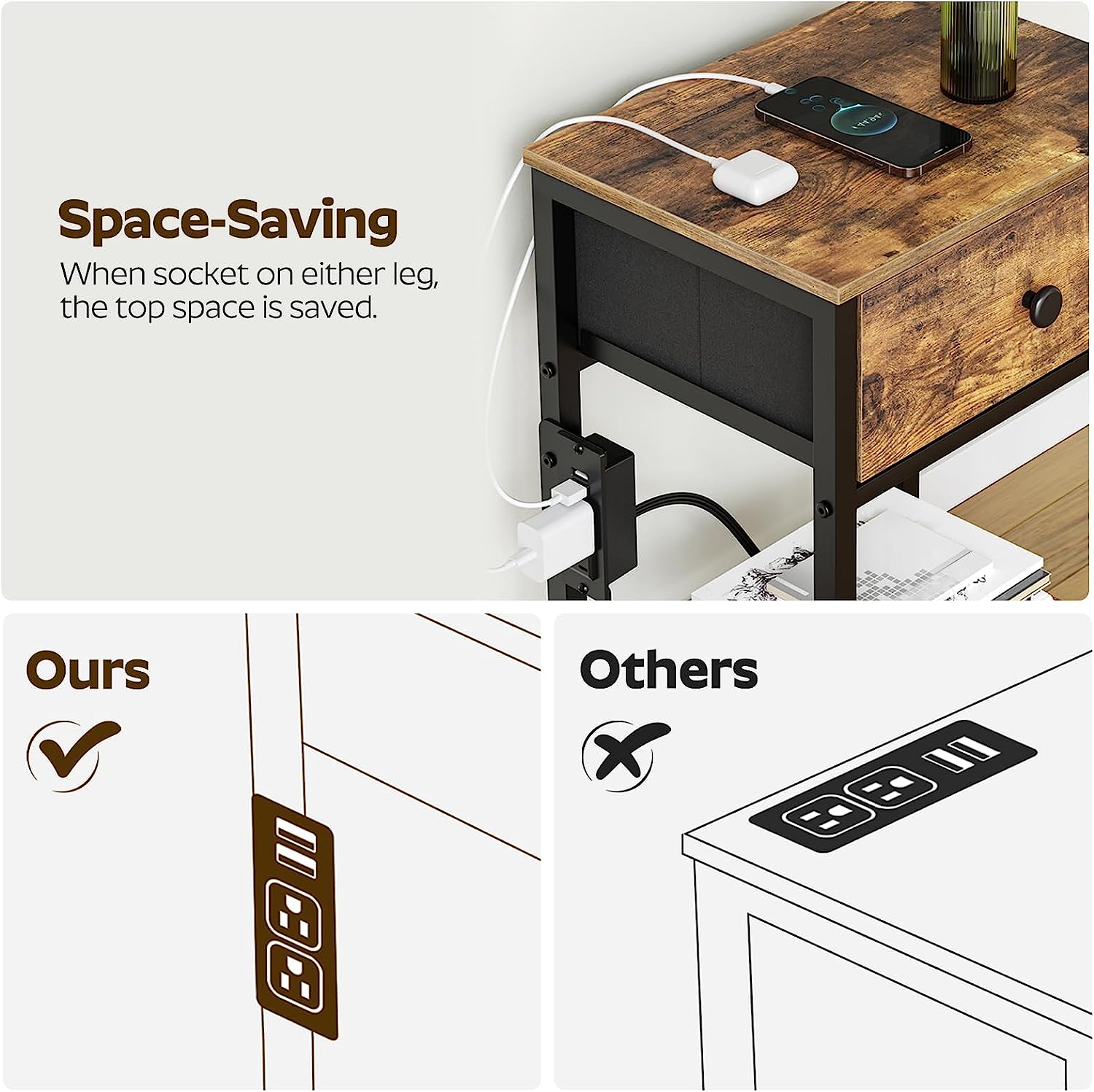 Nightstand End Table with Charging Station And USB Ports Side Table with Drawer And Storage Shelves Industrial Bedside Table for Living Room Bedroom