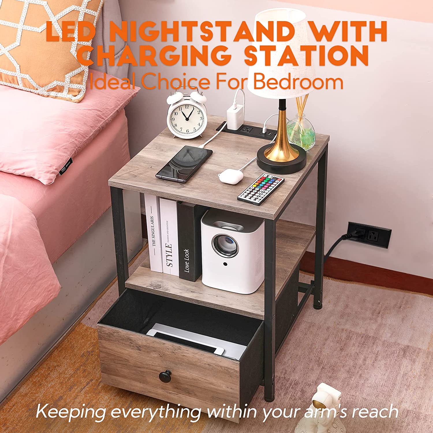 End Tables Set of 2 Nightstands with Storage with Charging Station