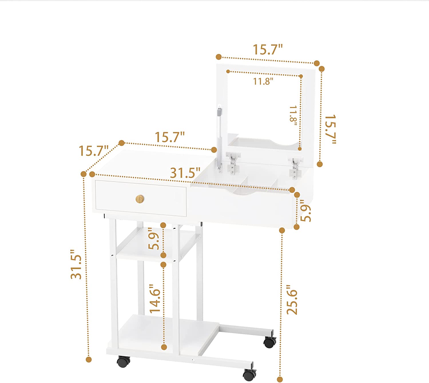 Moveable Vanity Desk Makeup Dressing Table with Drawers and Shelves for Bedroom