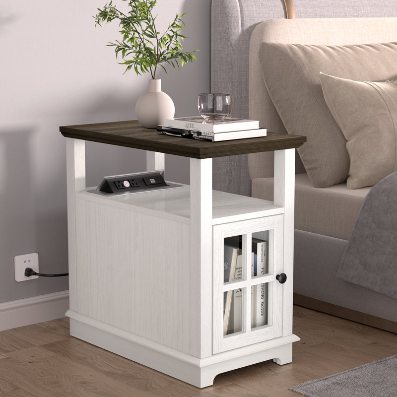 Wooden Side Table Nightstand with Charging Station for Bedroom