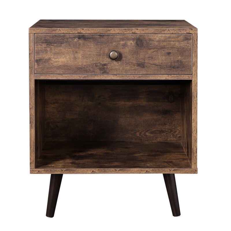 Wood Side Table Modern Nightstand with Metal Legs