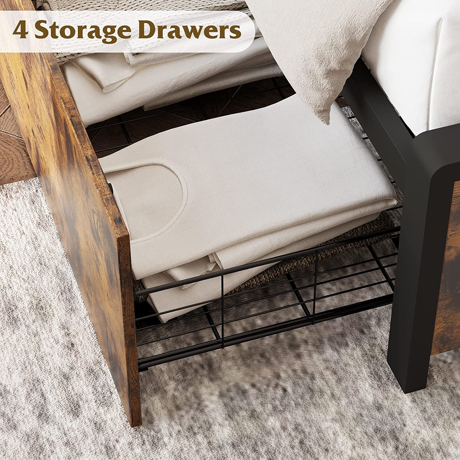Queen Size Bed Frame with 4 Storage Drawer Wood And Metal Bed Frame