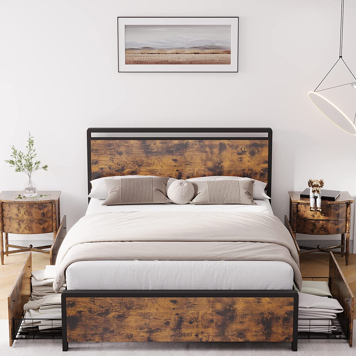 Queen Size Bed Frame with 4 Storage Drawer Wood And Metal Bed Frame