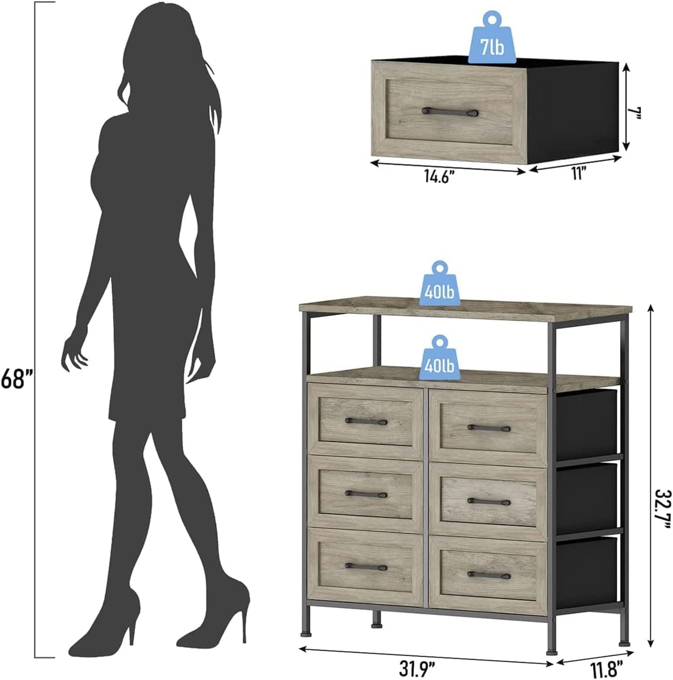 6 Drawer Dresser for Bedroom Rustic Wood Dresser with Shelves Chest of Drawers