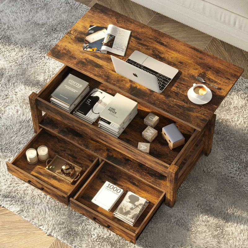 Modern Lift Top Wooden Coffee Table with Large Hidden Compartment and Side Open Shelf