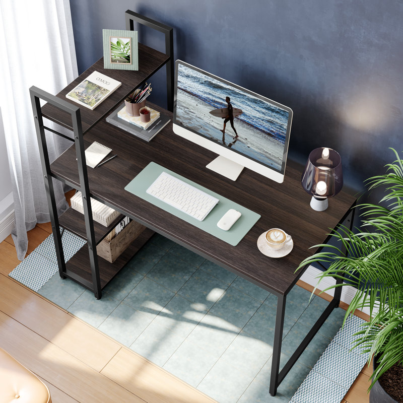 Wood Modern L-Shaped Corner Table Home Top PC Gaming Executive Office with Bookcase Standing Computer Desk
