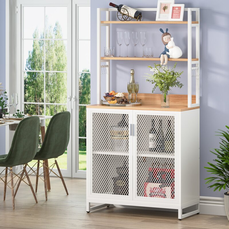 Bakers Rack with Coffee Bar with Wire Basket, Kitchen Storage Rack with 5 Tiers Microwave Stand
