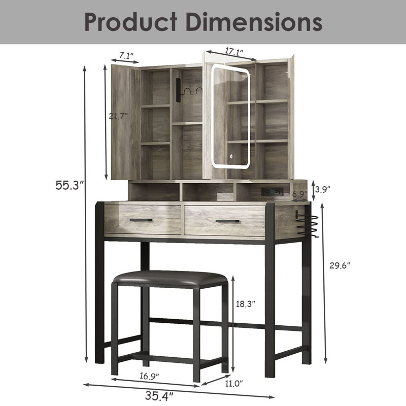 Simple Dressing Table Stand Frame Folding Make Up with Mirror and Charging Station