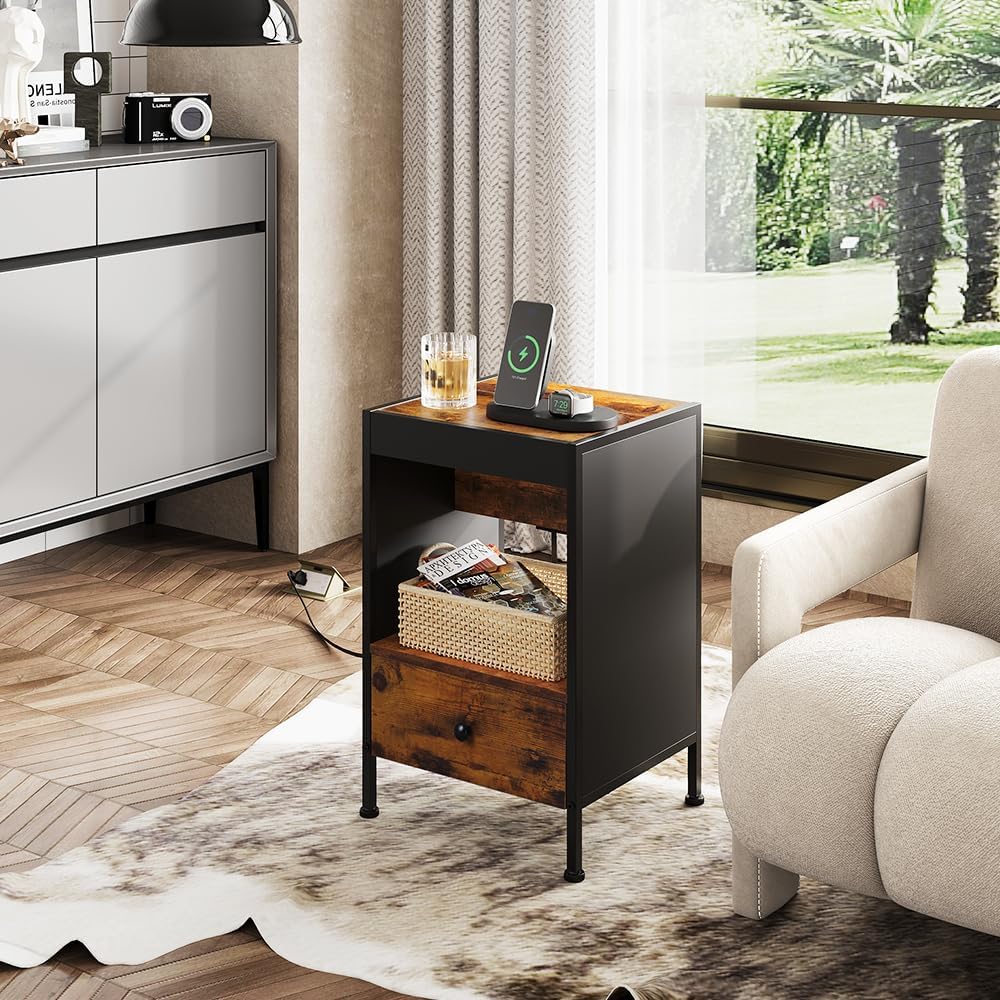 Industrial Metal Frame Narrow Nightstand Bedside End Table with USB Ports And Outlets Wood Drawers