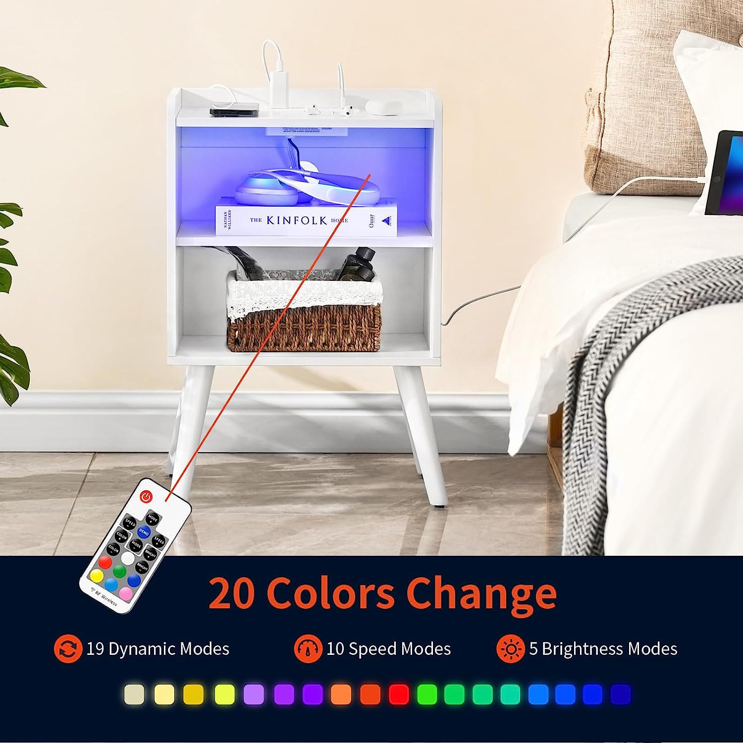 Modern Nightstand White End Table MID Century Side Table with Charging Station LED Light Strip And Shelfs for Bedroom Living Room Sofa