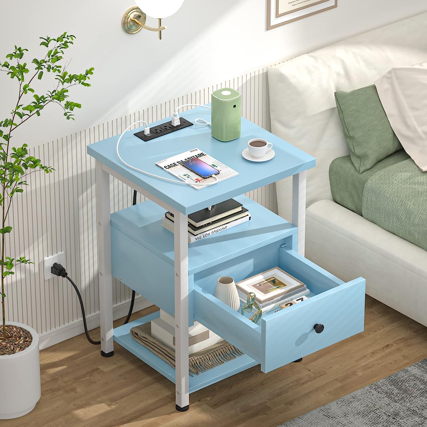 Nightstand Set of 2 End Table Bedside Table Modern Nightstands with with Charging Station Drawers Storage Shelf for Bedroom