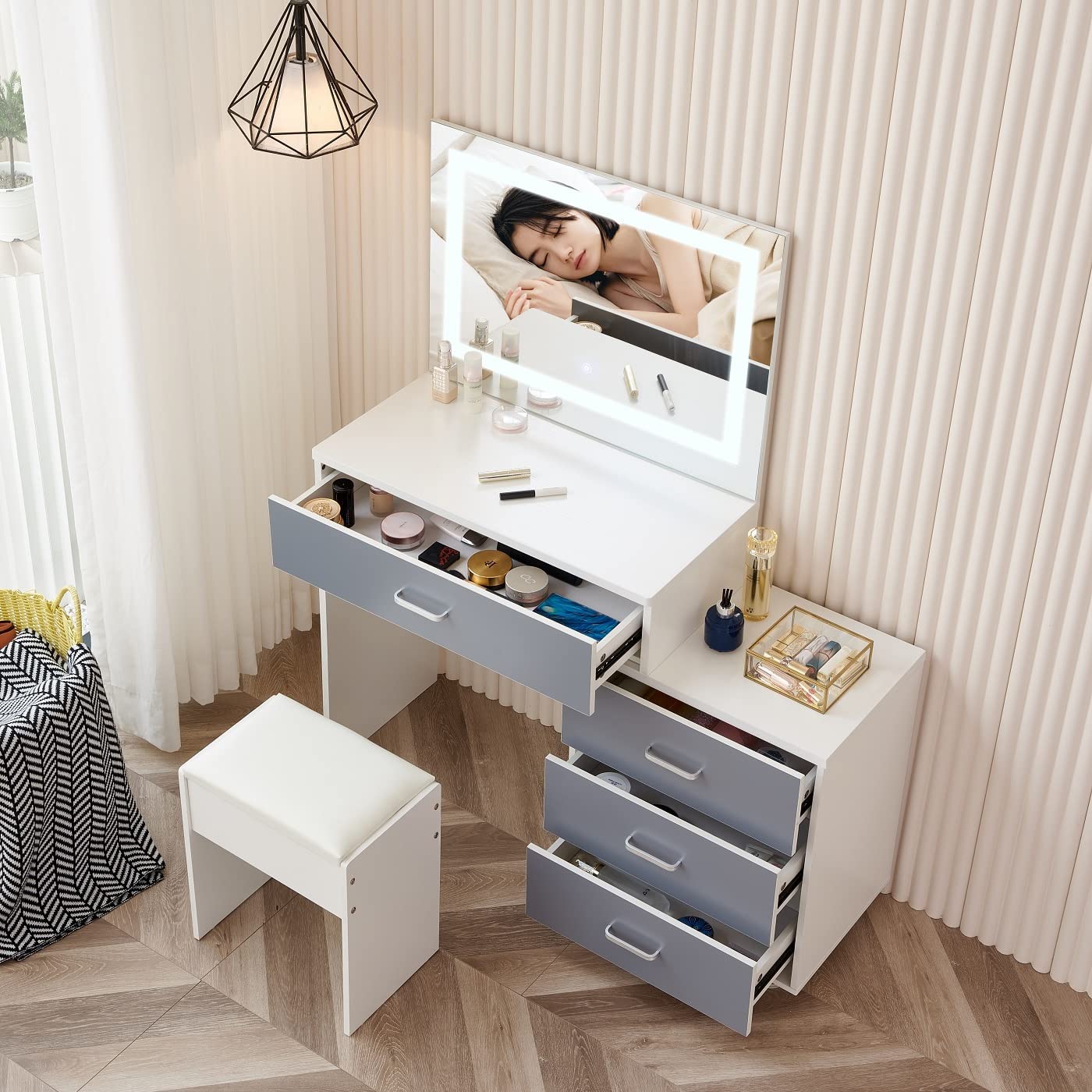 Large Vanity Makeup Dressing Table Set Modern Makeup Table with LED Touch Light Mirror