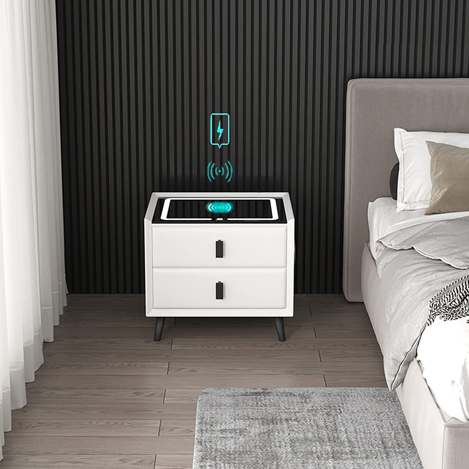 Multifunction Wireless Charging Station USB Port And Speaker Modern Wooden End Side Smart Nightstand