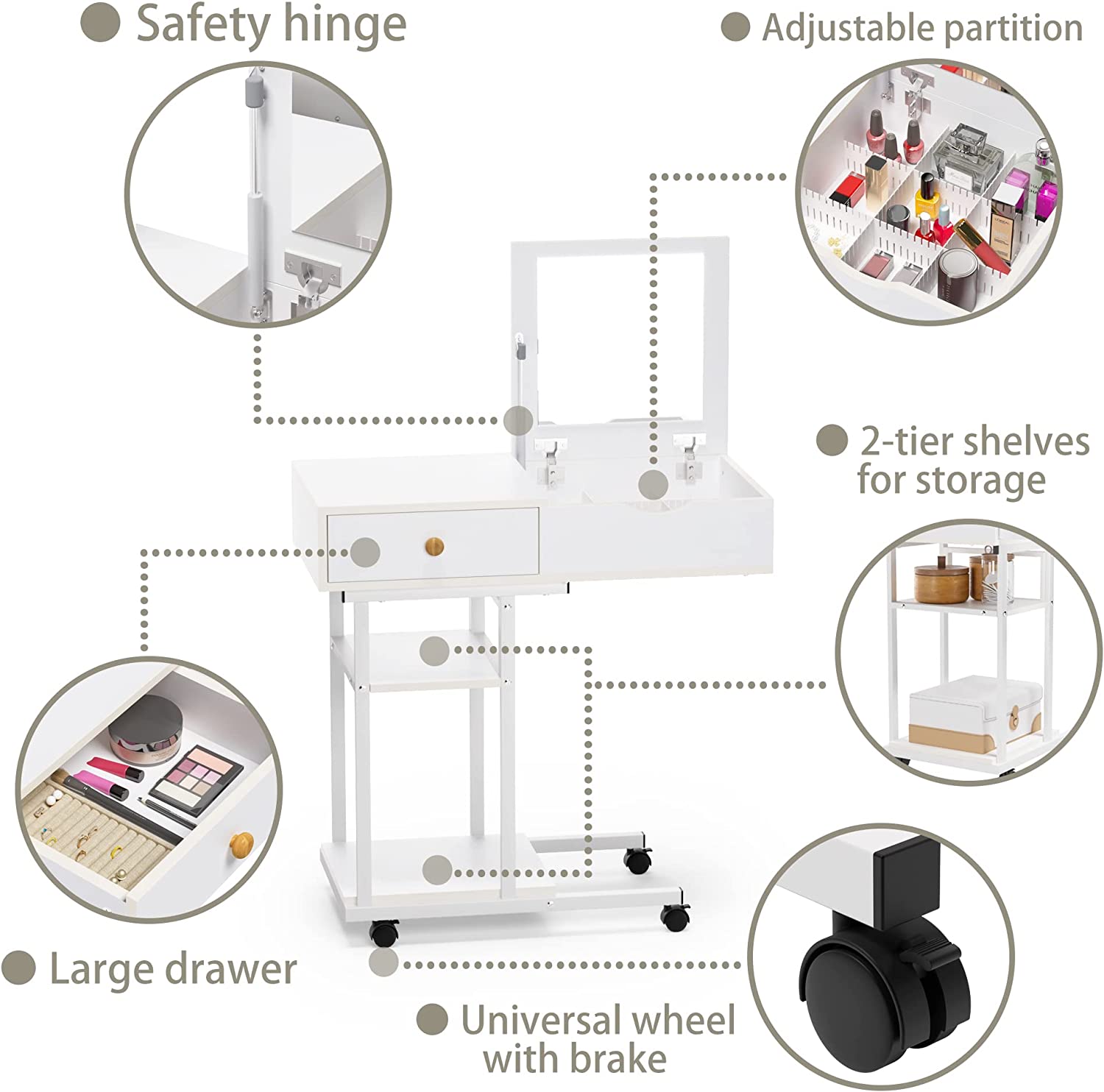 Moveable Vanity Desk Makeup Dressing Table with Drawers and Shelves for Bedroom
