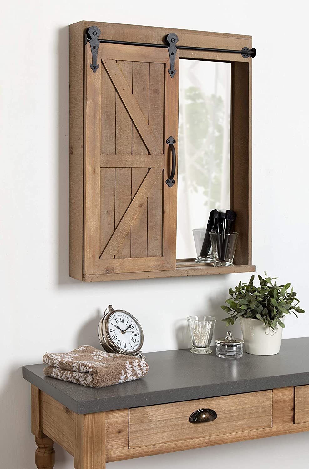 Custom Wood Bathroom Wall Storage Cabinet with Vanity Mirror And Sliding Barn Door