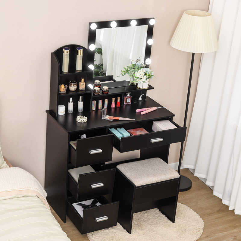 Black Dressing Table Vanity Desk with 10 LED Lighted And Charging Station for Bedroom