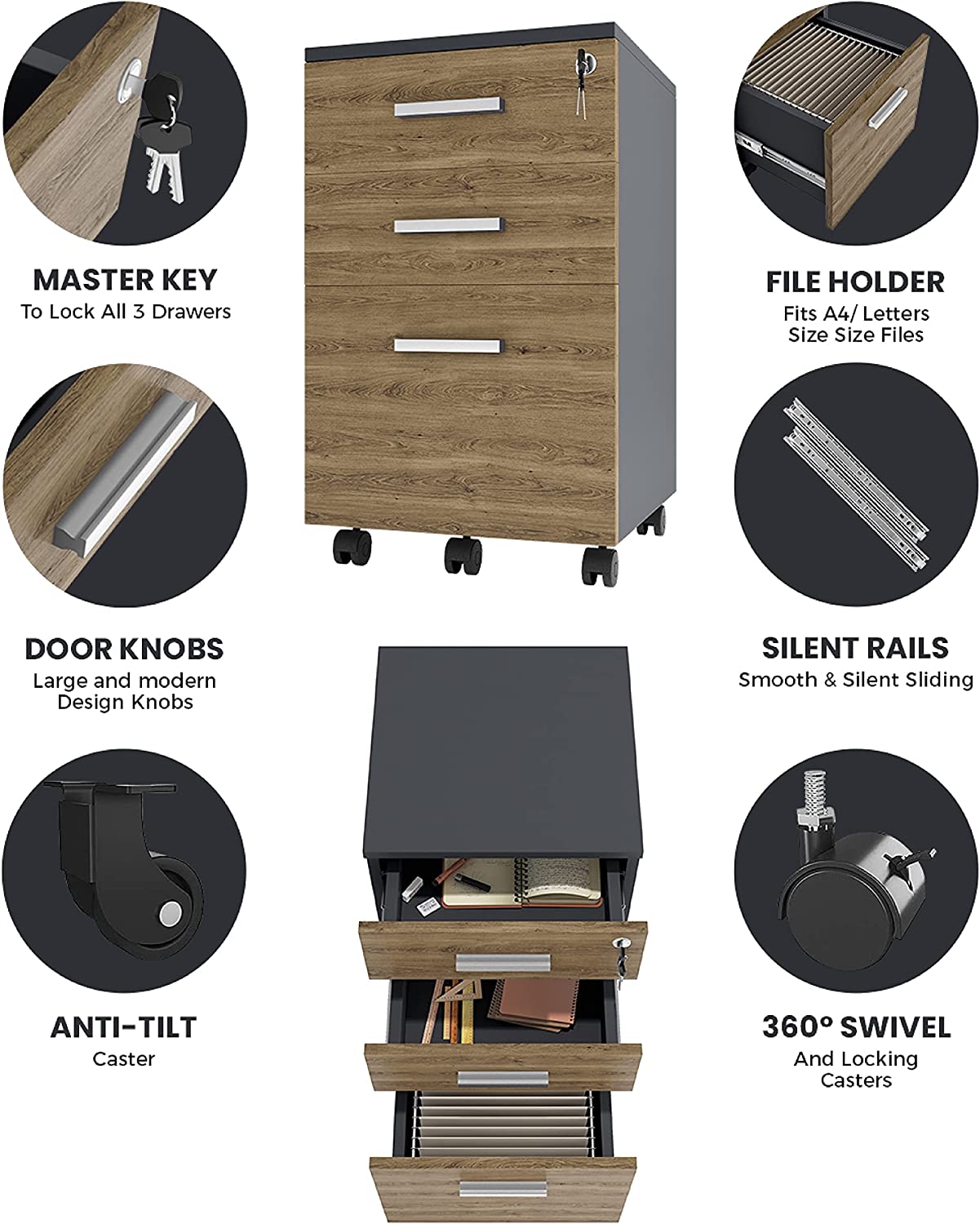 Wood Small Rolling File Cabinet with Locked for Home And Office 3 Drawer 