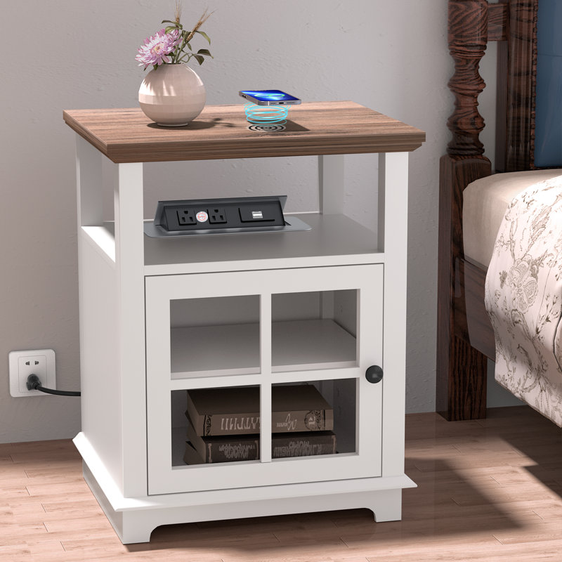 Wooden Side Table Nightstand with Charging Station for Bedroom