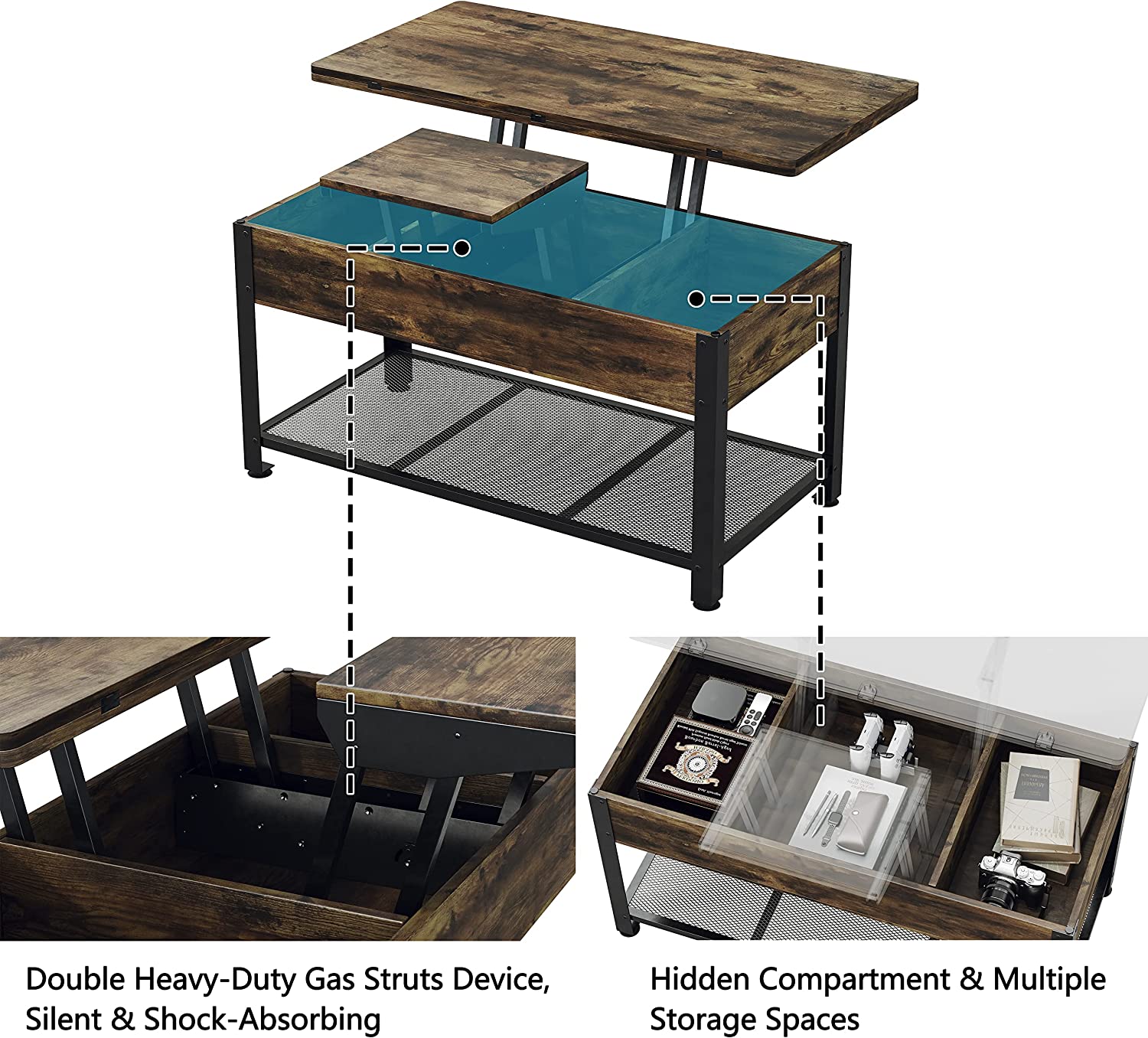 2 Way Lift Top Coffee Table with Hidden Compartment And Storage Shelves