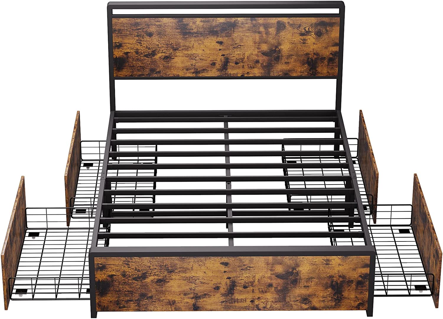Queen Size Bed Frame with 4 Storage Drawer Wood And Metal Bed Frame