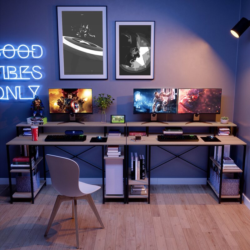 Home Office Furniture Wooden 55 Inches Computer Desk Writing Study Computer Desk with Monitor Shelf