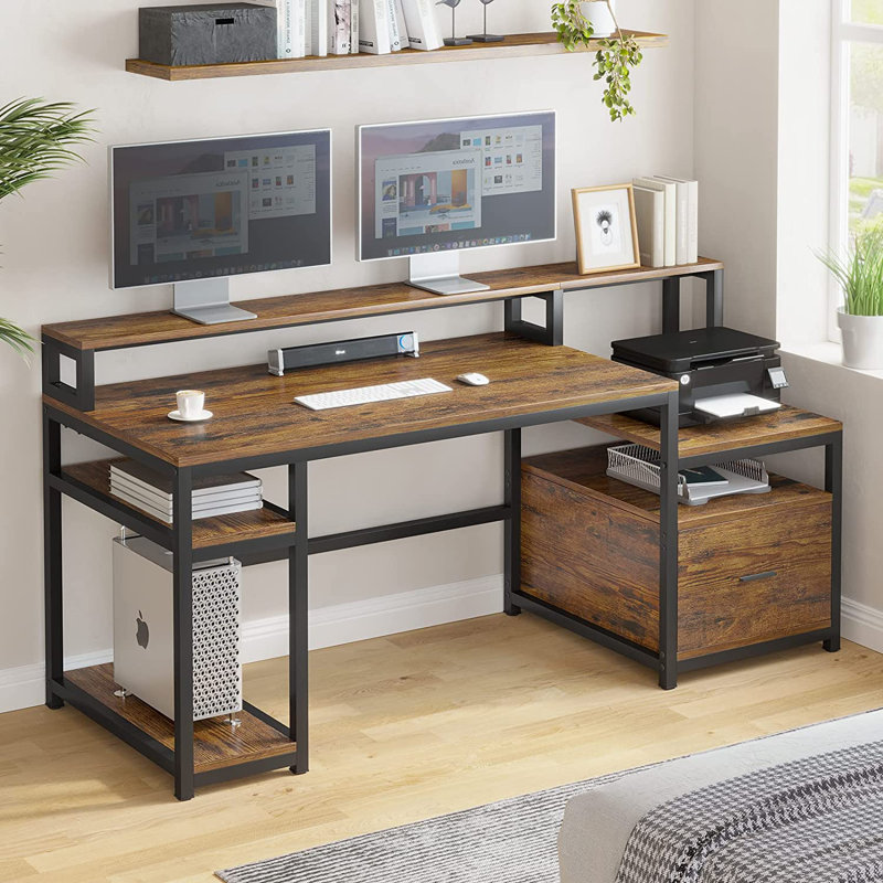 Home Office Wooden Computer Desk 66'' Large Computer Desk with Hutch, Storage Shelves