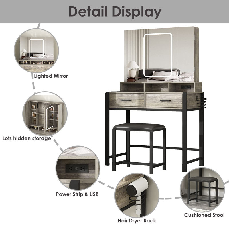 Simple Dressing Table Stand Frame Folding Make Up with Mirror and Charging Station