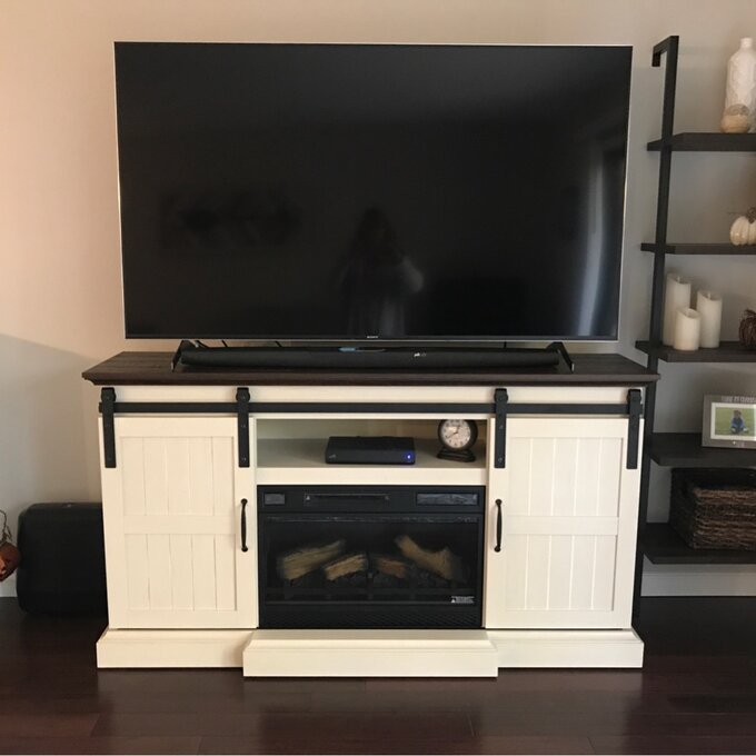 White Oak tv fireplace stand in living room