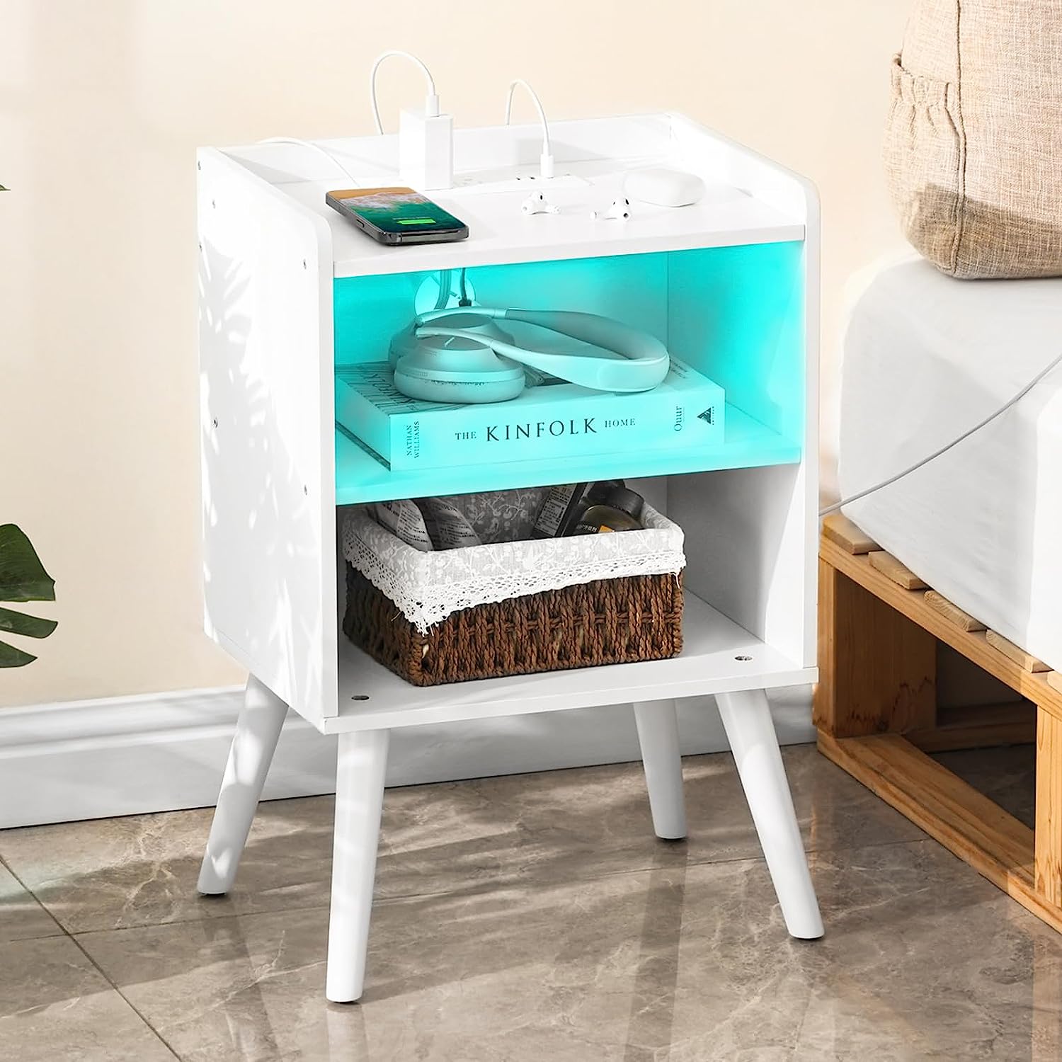 Modern Nightstand White End Table MID Century Side Table with Charging Station LED Light Strip And Shelfs for Bedroom Living Room Sofa