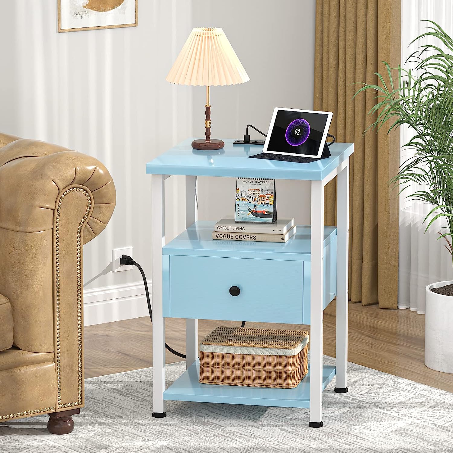 Nightstand Set of 2 End Table Bedside Table Modern Nightstands with with Charging Station Drawers Storage Shelf for Bedroom
