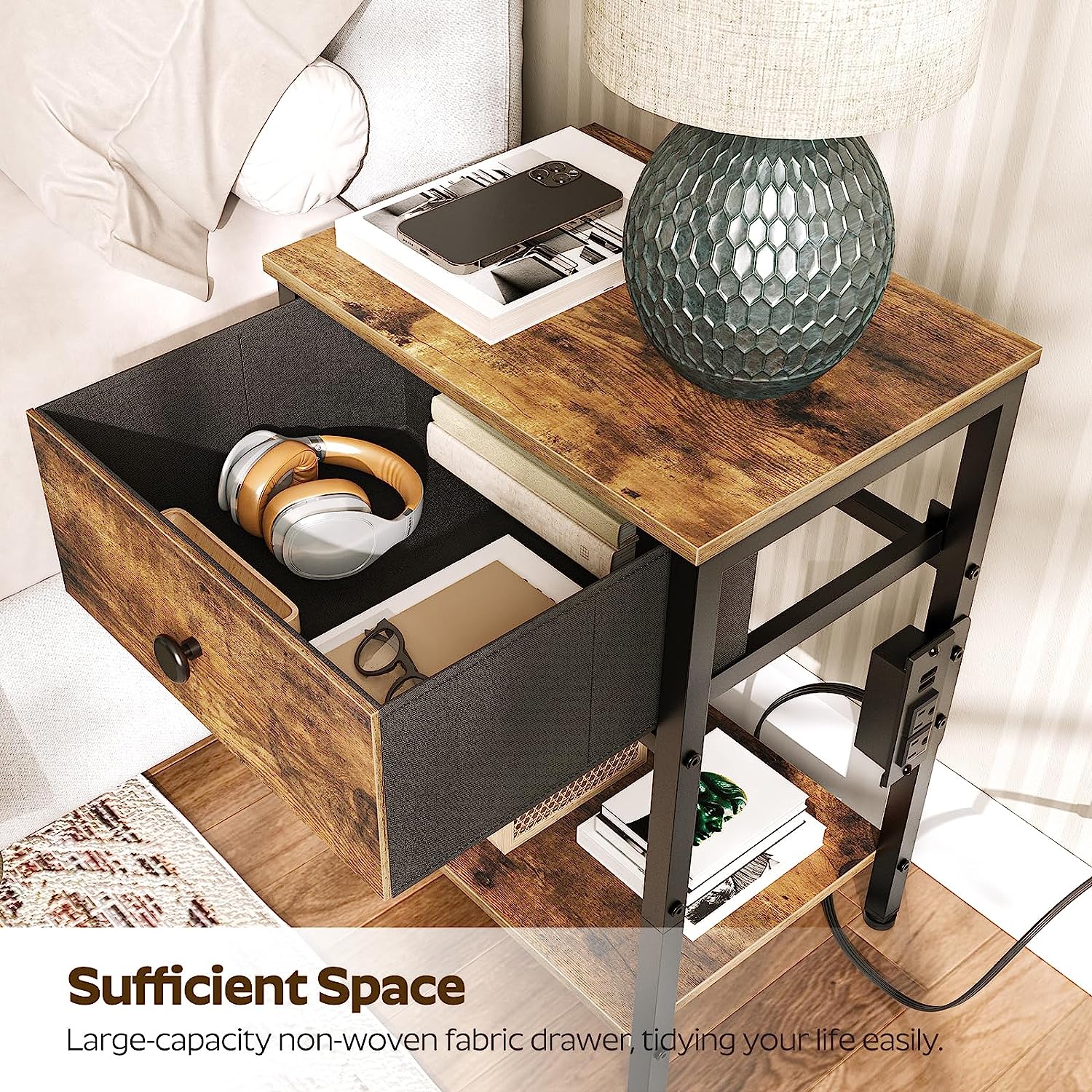 Nightstand End Table with Charging Station And USB Ports Side Table with Drawer And Storage Shelves Industrial Bedside Table for Living Room Bedroom