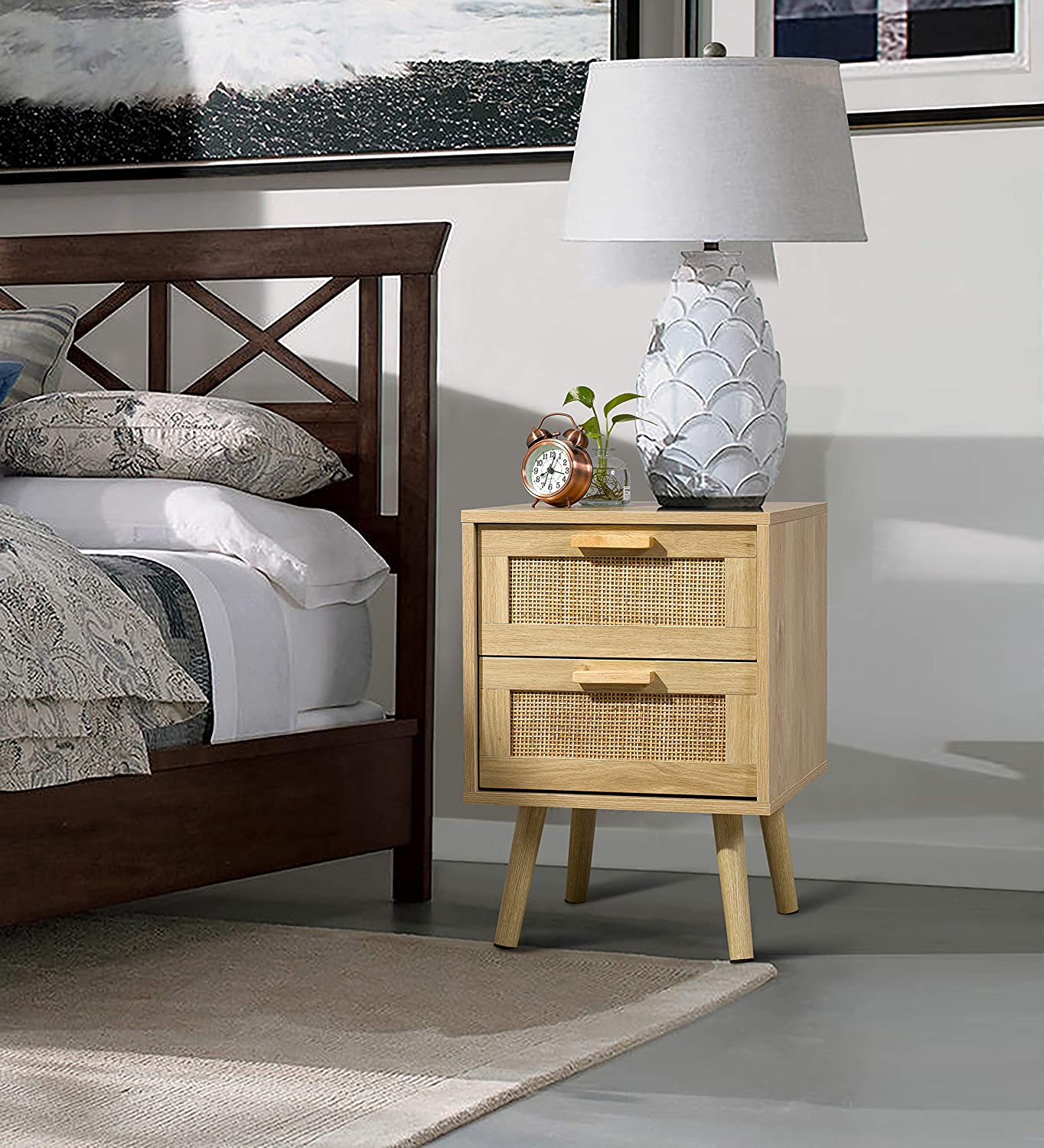 Custom Size Wood Side Table Modern Rattan Nightstand for Bedroom