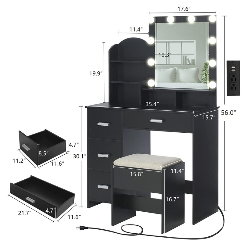 Black Dressing Table Vanity Desk with 10 LED Lighted And Charging Station for Bedroom